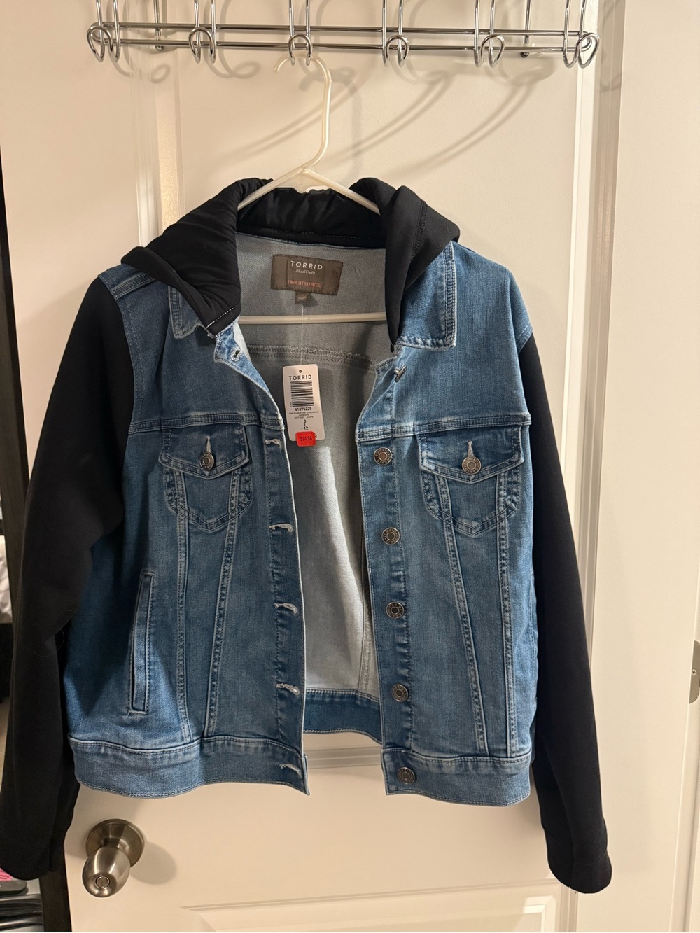 torrid Blue Denim Jacket with Black Hoodie Sleeves